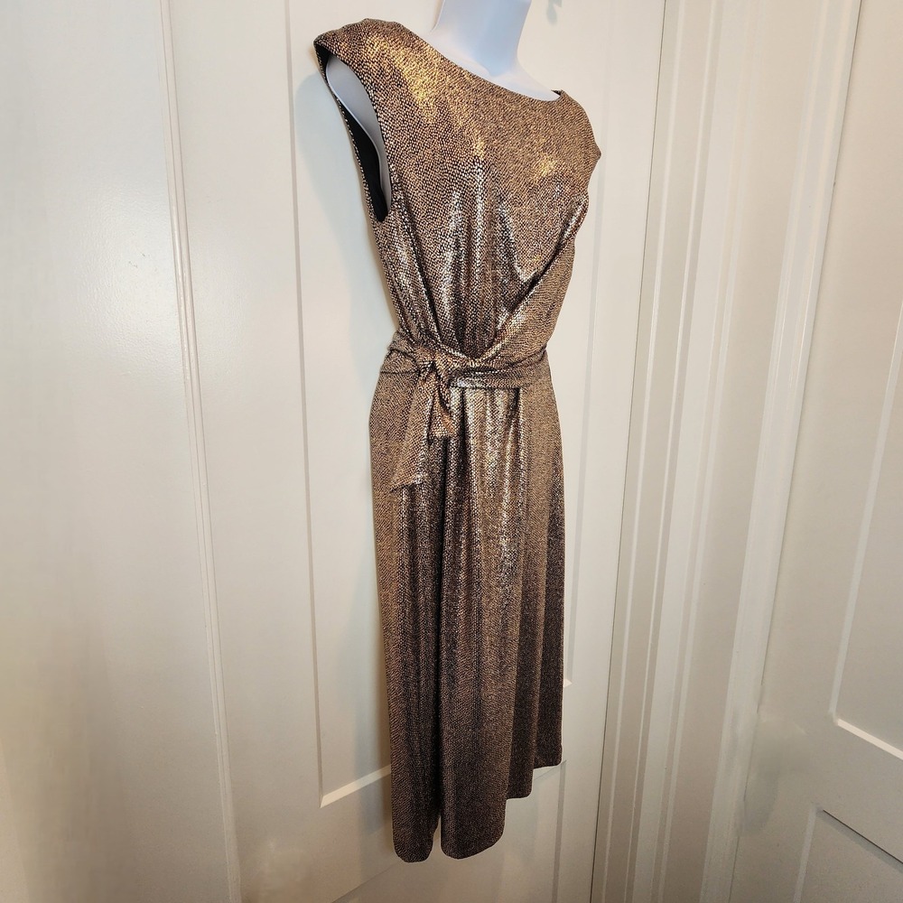Tahari Metallic Bronze Faux Wrap Dress 8 Cap Sleeve Cocktail Quiet Luxury Glam - Picture 3 of 16